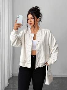 Elenzga 大码中国风纽扣宽松休闲通勤百搭提花夹克大码夹克女装大码女式西装外套中国结夹克 - 杏色 - 查看 4