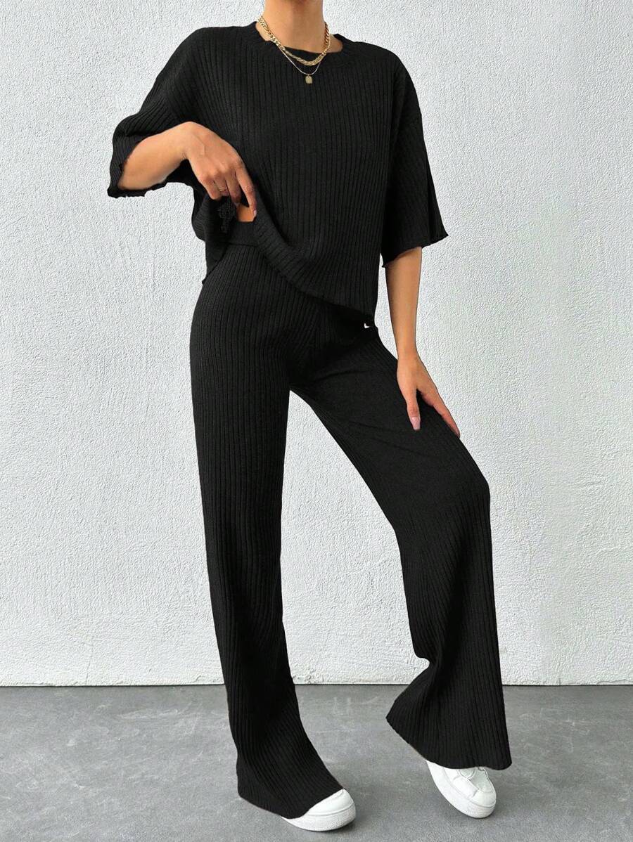 EURMUSE Women Basic Solid Round Neck Top And Pant 2 Pieces Set - Black - View 1