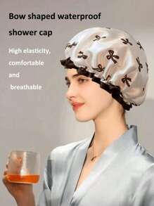 1pc, Double-Layer Waterproof And Reusable Women_s Bath Cap With Bowknot Pattern Shower Cap, Elastic Bathing Hair Cover For Women, Hair Cover For Kitchen And Home Use Home Bathroom Decor Summer Back To School
