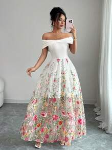 Elenzga Đầm dài lưới hoa trễ vai thanh lịch cho nữ, phong cách nghỉ dưỡng thường ngày, mặc hàng ngày - Nhiều màu - Xem 7