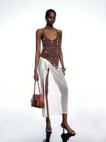 LYSMO Áo hai dây gợi cảm trang trí hạt cườm trơn màu dành cho nữ - màu nâu - Xem 7