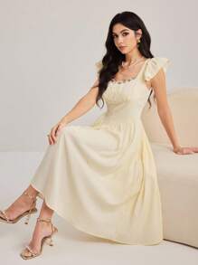 Modelyn Women's Floral Decor Sweetheart Neck Ruffle Detail Elegant A-Line Dress - Apricot - View 5