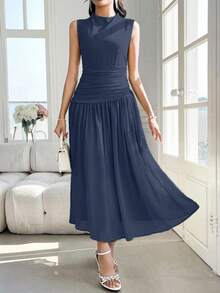 Modelyn 女士 Design Sense 立领无袖荷叶边中长连衣裙 - 藏蓝色 - 查看 4