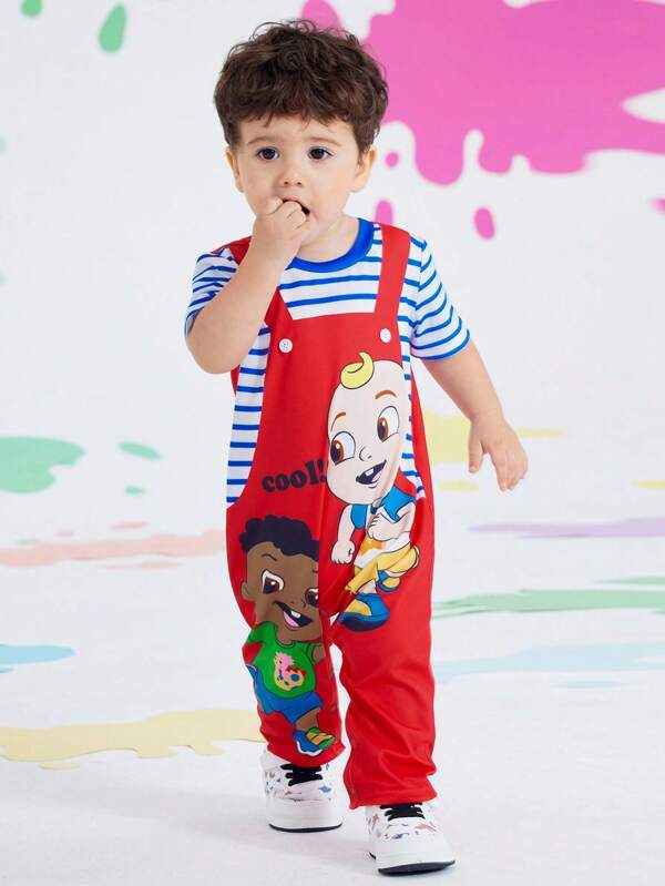 CoComelon X SHEIN Macacão de Manga Curta Estampa de Listras e Desenho de Bebê Menino