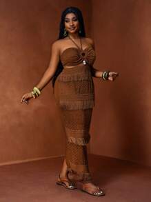Veslaya 2025 New Vacation Music Festival Party Halter Sexy Sheer Hollow-Out Tassel Bodycon Dress, Plus Size - Brown - View 4