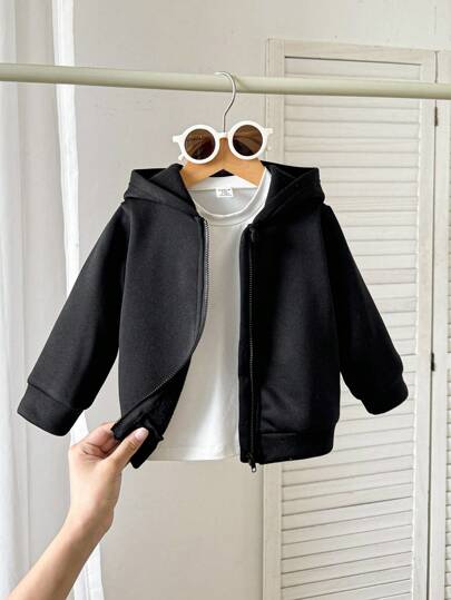 SHEIN Playful Pals 女婴休闲纯色保暖内衬连帽拉链夹克，适合秋冬季