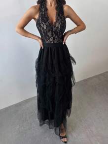 SHEIN Privé 女士优雅新款高端蕾丝下摆 - 黑色 - 查看 4