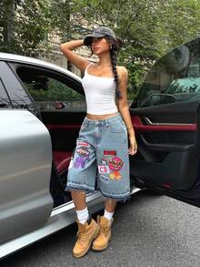 SHEIN ICON Quần short denim thêu họa tiết thường ngày cho nữ - Màu xanh lam - Xem 6