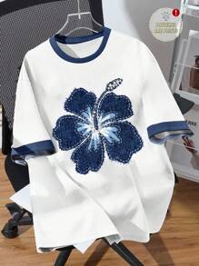 SHEIN EZwear Casual Floral Print Round Neck Loose Fit Plus Size Women T-Shirt, Cute Style Suitable For Summer, Beach Vacation, Graduation Season, Y2K,Back To School Suitable For Going Out