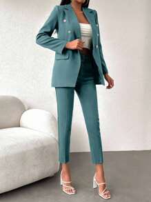 EURMUSE Women's Solid Color Double-Breasted Long Sleeve Jacket And Pants Suit Set - Mint Green - View 4