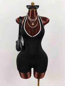 Amplova Color-Block Halter Backless Jumpsuit Jumpsuit For Summer - Black and White - View 5