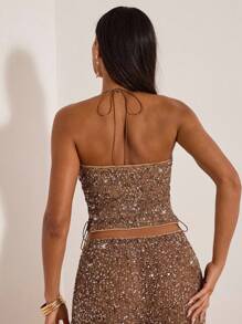 Opulessa 时尚无袖亮片吊带派对上衣，侧边优雅系带设计，棕色亮片吊带上衣，适合派对穿着，秋冬季节，美人鱼款，波西米亚风。 - 棕色 - 查看 6