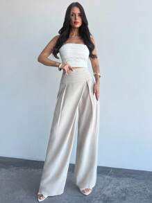 Firerie 女士新款简约优雅绿色中腰宽松直筒裤，百搭日常休闲装、通勤装、时尚装、夏季装、办公室装、海滩度假装 - 杏色 - 查看 5