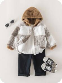 SHEIN Babyjongen Buffalo Plaid-patroon Teddyjas met capuchon zonder trui, voor Kerstmis