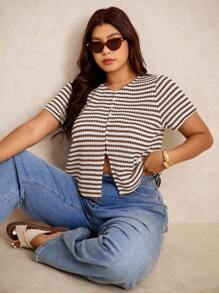 Elaquor 大码女式夏季条纹圆领短袖单排扣开衩下摆休闲T恤