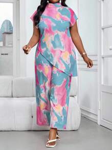 SHEIN Lady Plus Size Summer Elegant Commuter Simple Geometric Print Two Pieces Set Women Two Pieces Outfits Summer Outfits For Women Vacation Outfits Woman 2 Pieces Sets Woman - Multicolor - View 5