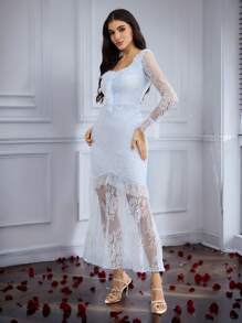 Modelyn Đầm dài tay thanh lịch dành cho nữ cổ vuông và lưới - Màu xanh lam - Xem 6