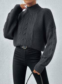 EURMUSE 女式纯色休闲高领麻花针织落肩毛衣 - 深灰色 - 查看 4