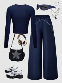 SHEIN ChillGRL 2件套女童海军蓝数字印花长袖上衣和阔腿裤休闲装 - 藍色 - 查看 2