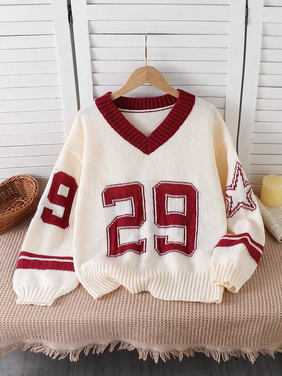 Teen Girls' Loose V-Neck Dropped Shoulder Number Graphic Long Sleeve Sweater Fall Winter