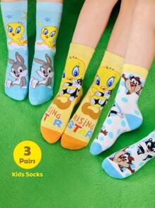 LOONEY TUNES X SHEIN 3 双棉质柔软透气吸湿排汗儿童中筒袜，彩色可爱卡通崔弟图案中筒袜，加固脚趾和脚跟，经久耐用，男女通用，四季百搭，适合学校和户外，黄色和蓝色 - 彩色 - 查看 2