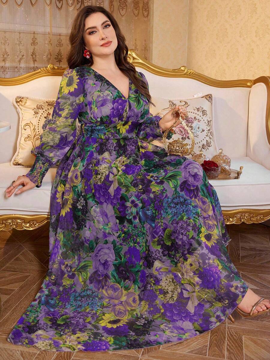 Modelyn 全新奢华优雅超长V领长袖摆裙 - 紫羅蘭色 - 查看 1