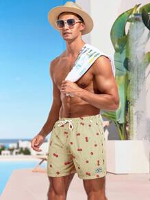 Surfspeed Men's Striped & Cherry Print Pocket Drawstring Waist Beach Shorts, Suitable For Summer Men Cherry Shorts Men Swim Trunks - Khaki - View 5