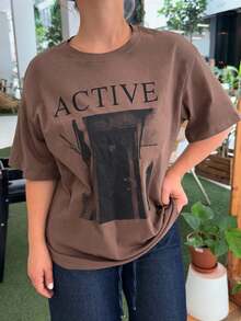 Jeta Ari Women's Loose Fit Short Sleeve T-Shirt With Letter Print Round Neckline ACTIVE Summer - Coffee Brown - View 3