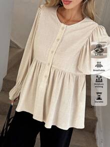 Easowa 女士亚麻休闲宽松衬衫，纽扣半襟，荷叶边下摆，复古风格冬季老式风格办公室外出上衣，休闲秋季商务休闲老式风格女士机场商务休闲灯笼袖端庄娃娃衫 - 杏色 - 查看 3