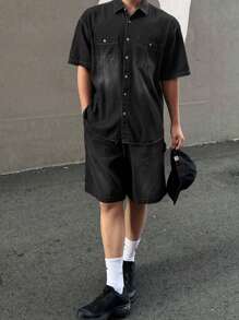 DAZY Men's Washed Black Shirt Set, Summer