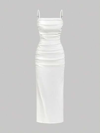 SHEIN MOD 女式纯色荷叶边修身牛仔吊带连衣裙，夏季