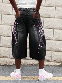 ROMWE MEN Street Life Jeans de mezclilla holgados informales con bolsillo con bordado floral para hombres - Negro - Ver 1