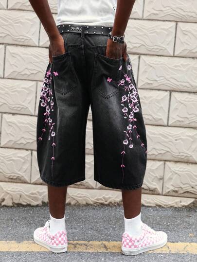Anime بنطلون جينز رجالي كاجوال فضفاض بجيوب مطرزة بالورود