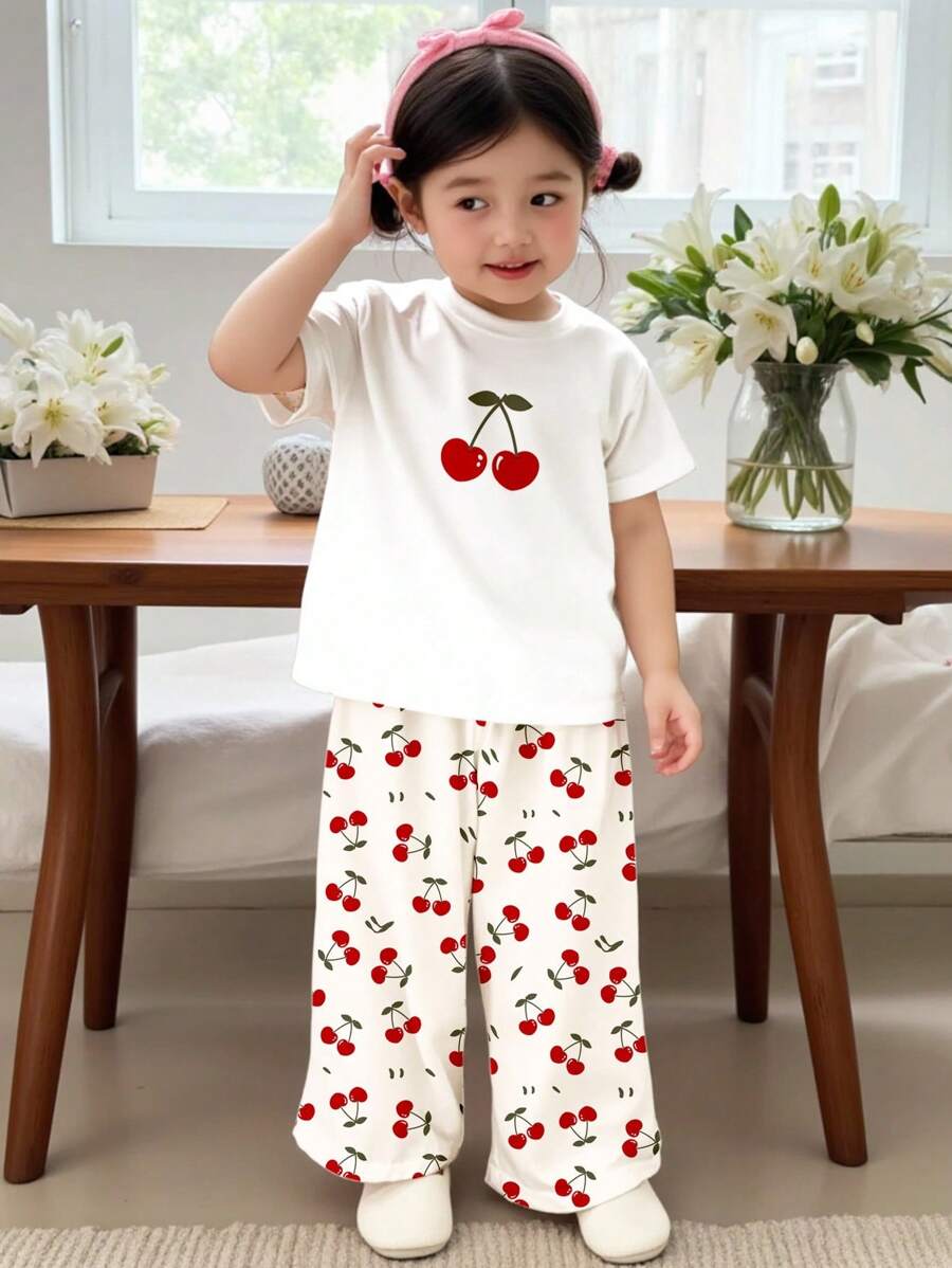 Cute Mini Cherry Print "Chill Chill Summer" Casual Slim Fit Crew Neck Short Sleeve Shorts Set For Young Girls, Suitable For Summer - Multicolor - View 1