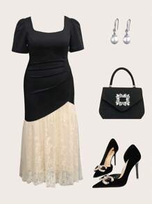 Modelyn Vestido elegante de talla grande con contrastes de color y patchwork de encaje - Negro - Ver 3