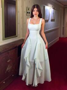 Selianne 新款宽肩女式绿色网眼荷叶边下摆轻便休闲连衣裙，漂亮优雅轻便优质度假婚礼宾客派对节日装，修身修身 - 綠色 - 查看 1