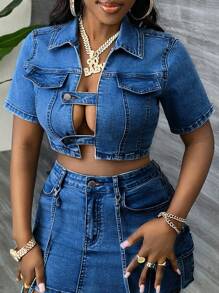 Slaydiva 女士牛仔上衣性感紧身短袖蓝色秋季女士秋季服装女士外套 - 中等水洗藍 - 查看 3