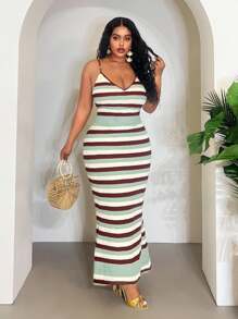Veslaya Vestidos elegantes de outono para mulheres, primavera/verão 2025, novos, casuais, férias, traje para concerto country, vestido para convidada de casamento, vestido longo listrado de malha com alças finas e costas abertas, vestido suéter plus size - Multicolorido - Ver 3