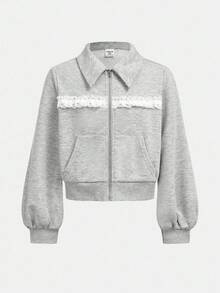 Girlism Sudadera corta con cuello mao, manga larga, parches de encaje para niña preadolescente, vuelta al cole - Gris - Ver 1