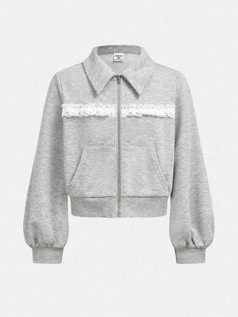 Girlism Sudadera corta con cuello mao, manga larga, parches de encaje para niña preadolescente, vuelta al cole - Gris - Ver 1