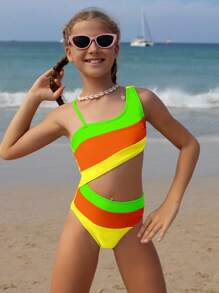 SHEIN Tween-Mädchen Einteiliger Badeanzug mit asymmetrischem Ausschnitt und Farbblockdesign mit ausgeschnittener Taille, lila Strandoutfit