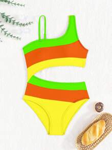 SHEIN Tween-Mädchen Einteiliger Badeanzug mit asymmetrischem Ausschnitt und Farbblockdesign mit ausgeschnittener Taille, lila Strandoutfit