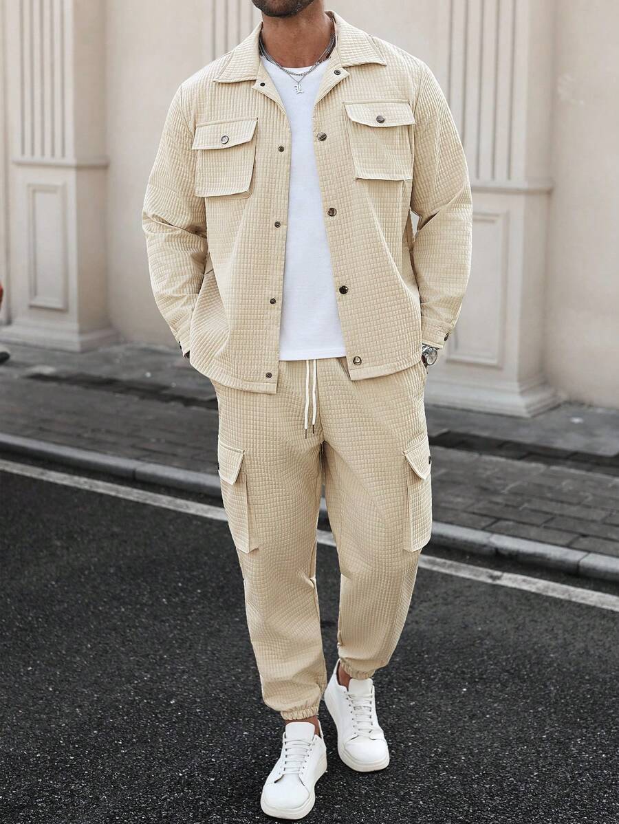 Manfinity Homme Men's Plus Size Flap Pocket Jacket And Drawstring Waist Pants,Fall Clothes - Khaki - View 1