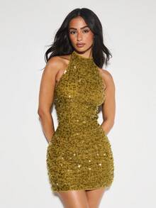 KIZN Váy ngắn hở lưng đính sequin vàng kim loại có chi tiết đính cườm ở lưng cho tiệc tối lễ hội Giáng sinh ngày lễ năm mới - màu xanh lá - Xem 1