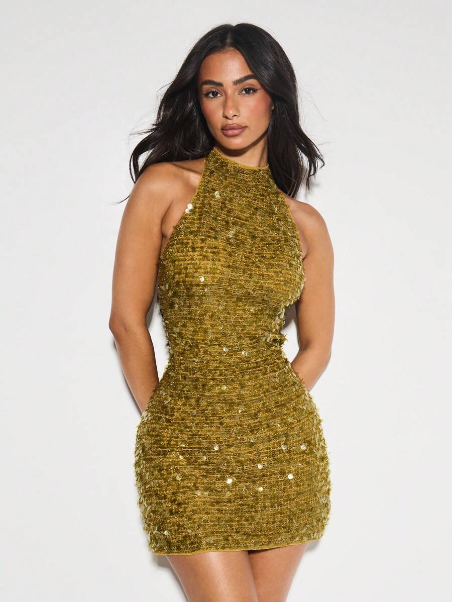 KIZN Váy ngắn hở lưng đính sequin vàng kim loại có chi tiết đính cườm ở lưng cho tiệc tối lễ hội Giáng sinh ngày lễ năm mới - màu xanh lá - Xem 1