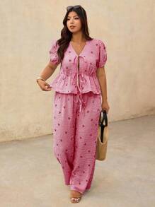 Elaquor 大码女式条纹蝴蝶结泡泡袖衬衫和裤子两件套休闲套装 - 紅色 - 查看 3