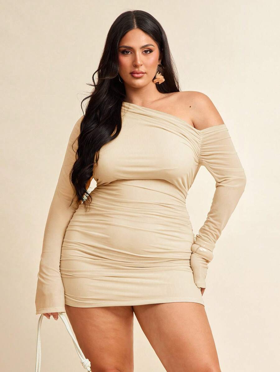 SHEIN BAE Đầm ôm body lưới xếp nếp cổ dài tay không đối xứng màu đen cỡ lớn dành cho nữ, gợi cảm & phù hợp cho mọi hoạt động hàng ngày, đi chơi, hẹn hò, trà chiều, kỳ nghỉ, mùa xuân/hè, trở lại trường, công sở - Màu be - Xem 1
