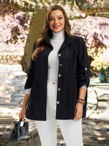 EMERY ROSE Plus Size Women Solid Color Single Breasted Casual Loose Lightweight Jacket, Button Up Jacket Winter,Back To School,Teacher,Country Autumn - Black - View 4