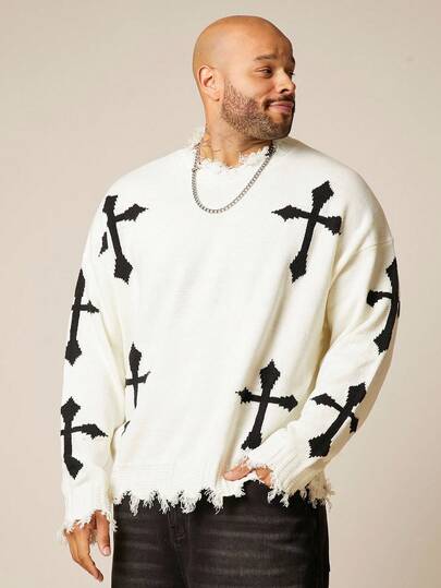 EASEVO 大码男士休闲白黑色针织长袖毛衣，适合秋季、秋冬