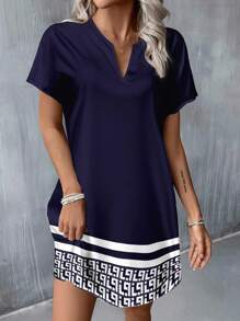 SHEIN LUNE Abito corto casual e retrò con scollo a V, adatto per la primavera/estate, elegante e casual - Multicolore - Visualizzare 2